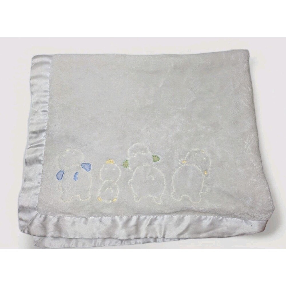 Carter’s White Satin Trim Backing Embroidered Bear Duck Puppy Soft Baby Blanket